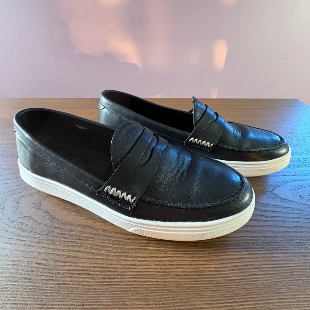 Patina Penny Loafer Sneakers Womens 8 Black Leather Shoes Slip On Handmade - Picture 2 of 10